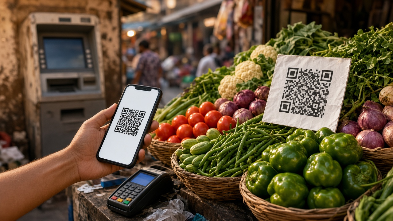 インドの市場の野菜の露店で、店先の紙のQRコードにスマートフォンをかざして支払う人の手。奥には古いATMとカード端末が見える。
